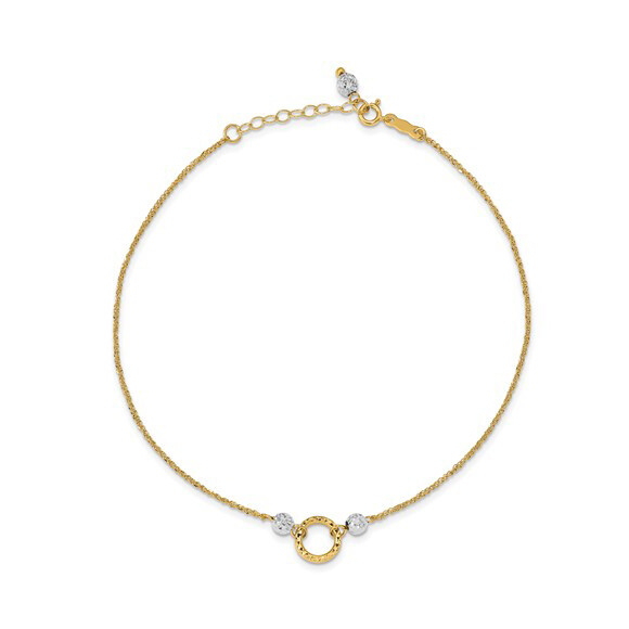 14k Gold Two Tone White Yellow Gold Dainty O Ring Circle 9-in Adjustable Anklet