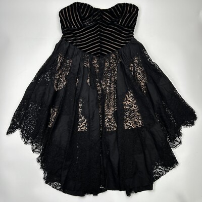 Free People Dark Fairy Midi Dress Sz 6 Black Velvet Lace Witchery Whimsy Goth
