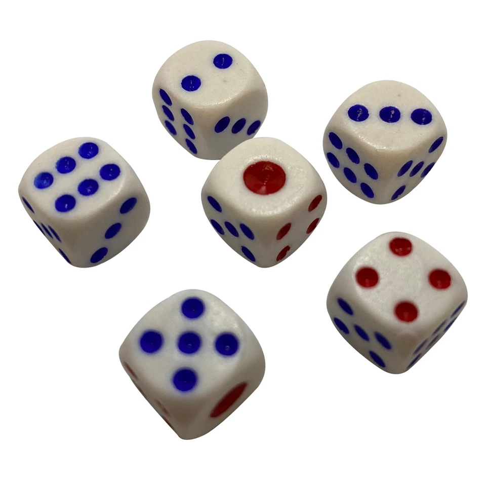 MARKENLOS 6 Würfel / Dice Cube 10mm Weiß / Rot / Blau 6 Seiten D6 W6 Knobeln Party Spiel