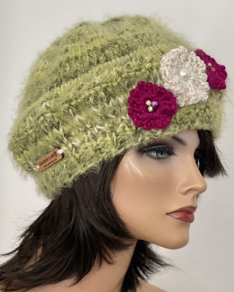 Hand Knits 2 Love Slouch Hat Beanie Cap Beret Flowers Beads  display picture 2