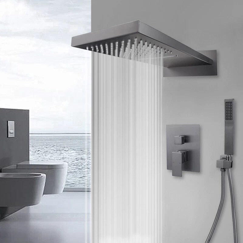 20"Gun Metal Shower Faucet Set Rectangle Head Mixer Control Valve Hand Spray Tap