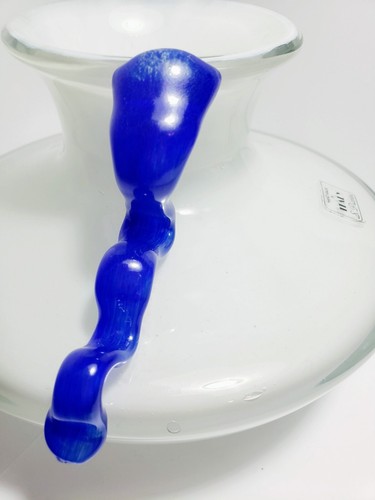 S. Puccini Art Glass Vase 5½" Italy Murano White Glass Cobalt Blue Handle Large - Picture 8 of 13