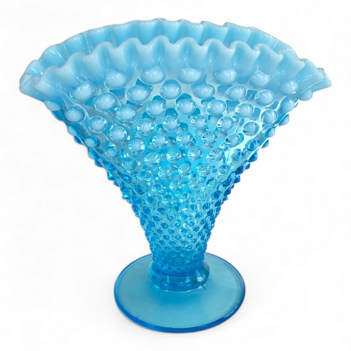 Vintage Fenton Blue Opalescent Glass Hobnail Ruffled Fan 8