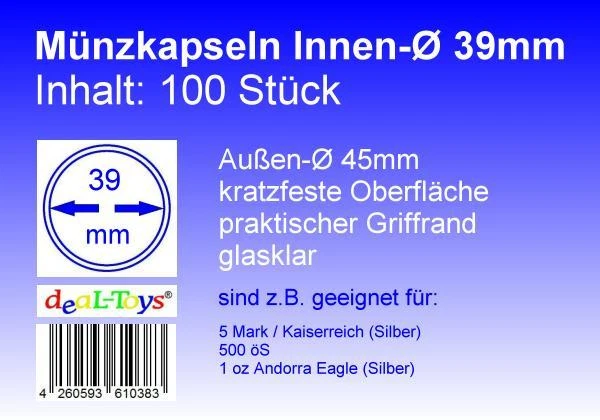 DEAL-TOYS® 100 Münzkapseln 39mm, geeignet für 5 Mark / Kaiserreich (Silber)