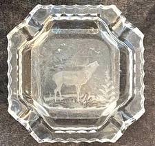 Crystal Glass Ashtray With Moose Elk Edged On The Bottom Square 4 1/2"
