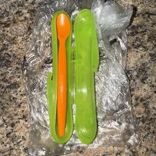 Tupperware Baby Feeding Spoon Infant Toddler Orange Lime Green  Case 6.5In NEW