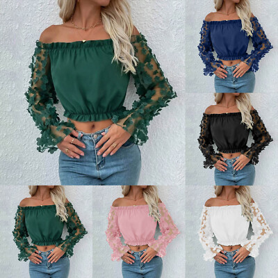 Women's Off Shoulder Floral Mesh Long Sleeve Ruffle Trim Crop Blouse Tops Shirt
