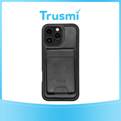TRUSMI iPhone 16 Magnetic Cowhide Leather Case with Card Slot Wallet Black