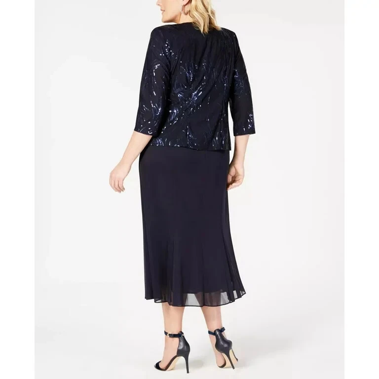 ALEX EVENINGS 2pc Navy Sequin Chiffon Midi Dress + Jacket 3/4 Sleeve SET 22W 3X - Image 2 of 4