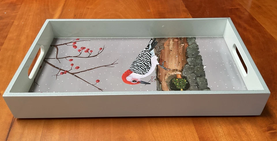 Lacquered Wood Tray by Paperproducts Design Winter Holiday Woodpecker 12x7” - Image 3 of 4