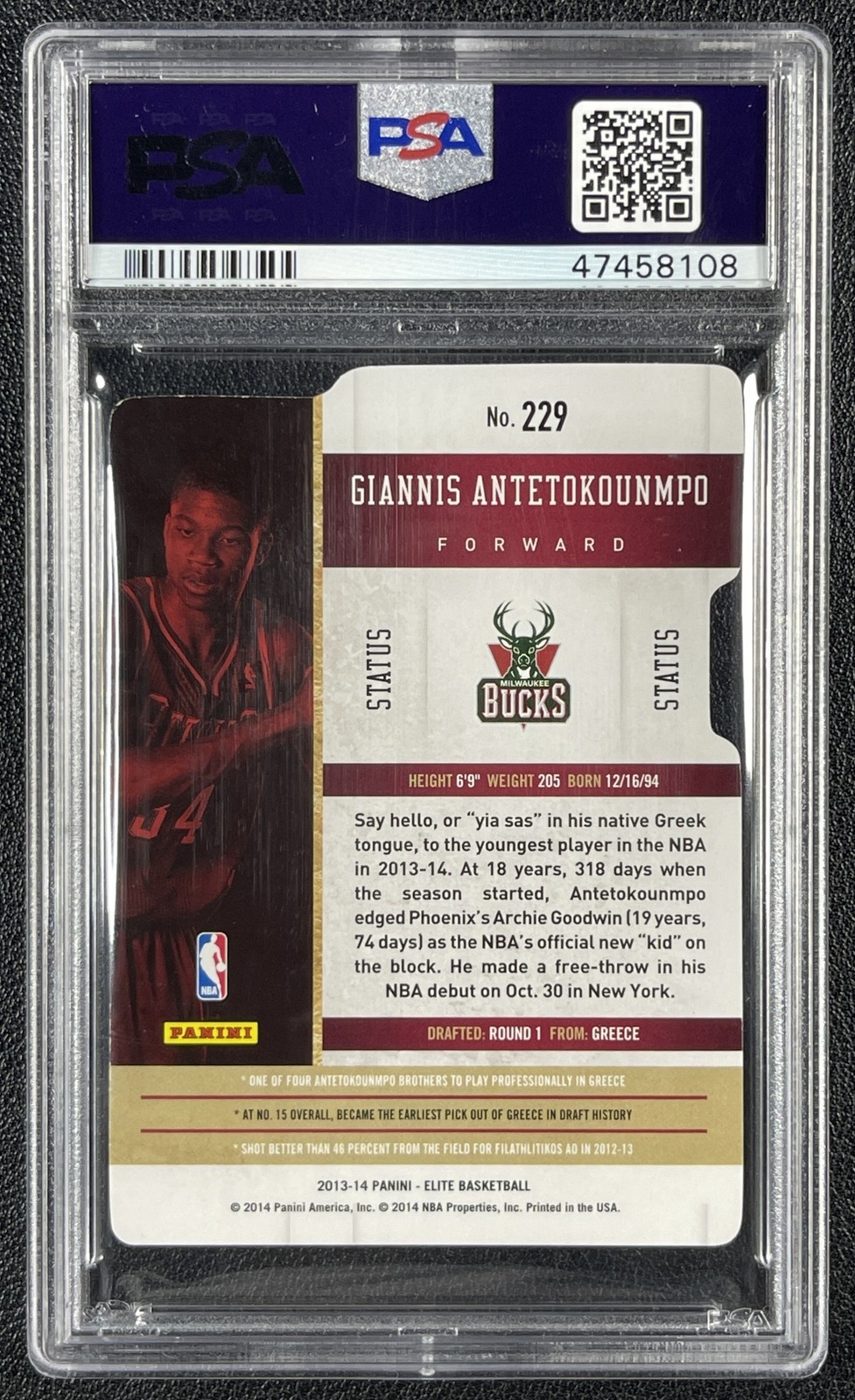 GIANNIS ANTETOKOUNMPO PSA 8 2013-14 PANINI ELITE #229 ROOKIE STATUS RC /34 BUCKS view 2