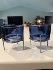 Set Of Two Blue Glass Votive/tea Light Holders With Metal Holder