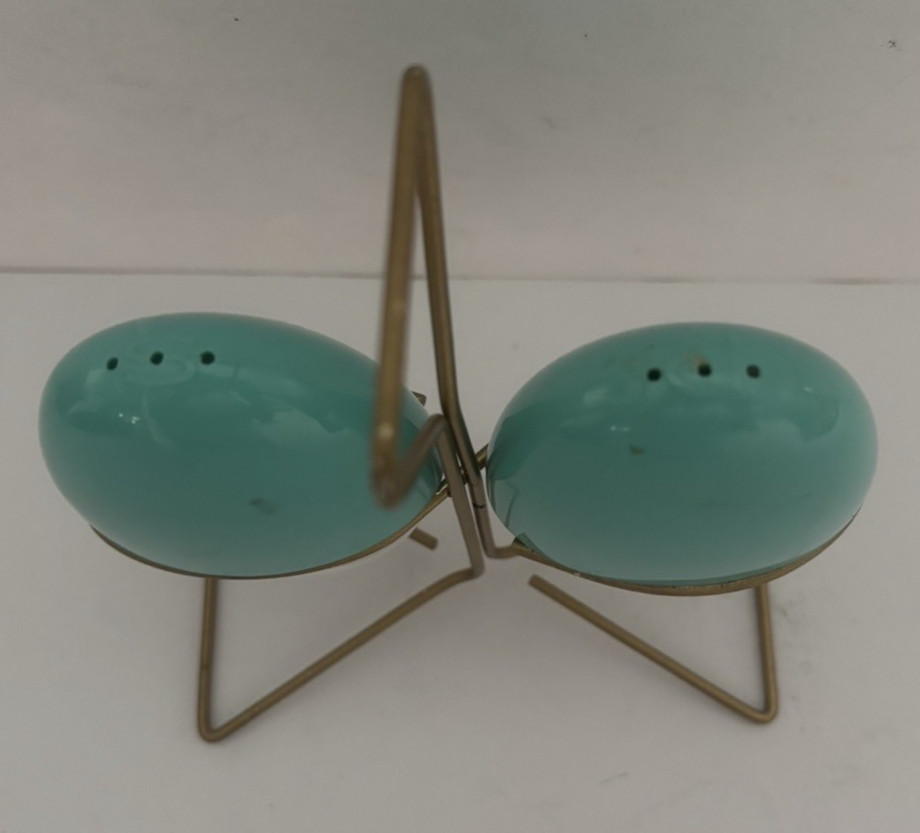 Vintage Atomic Egg Salt & Pepper Shakers w/Metal Stand - Retro 1950