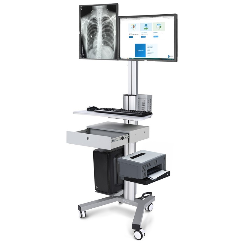 Yessources Mobile Computer Cart Dual Monitor Mount with Drawer Silver
