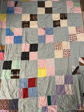 Handmade Vintage Patchwork Quilt With Multi-Color Squares Pink Trim