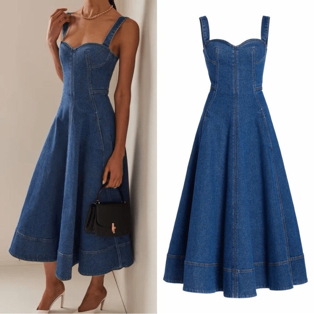 Oscar de la Renta Sweetheart-Neck Denim Dress