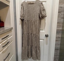 Women  s S Regular Beige/Black Leopard Print Ruffle Puff Sleeve Midi Dress