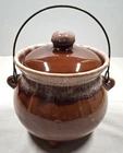 Hull Pottery Brown Drip Glaze Bean Pot with Lid & Wire Bail Handle USA