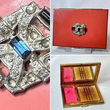 Shields Compact Rhinestone Coral Enamel Double Vanity Mirrored Powder Box