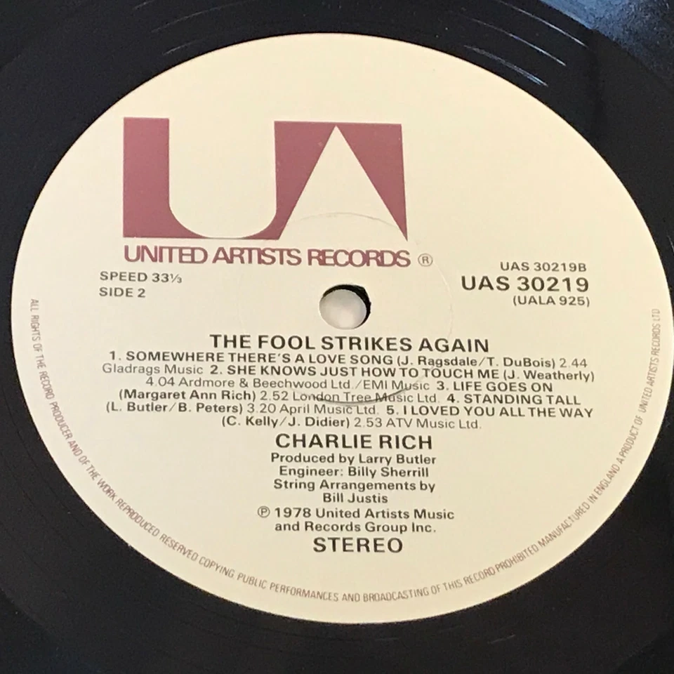 CHARLIE RICH The Fool Strikes Again 1979 UK Vinyl LP original record Life Goes O - Image 3 of 3