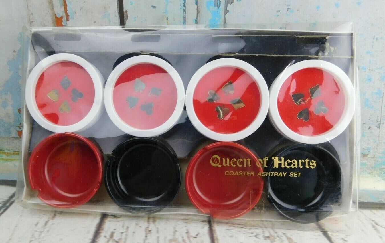 Vtg Queen of Hearts 12 Piece Party Set 8 Coasters / 4 Ashtrays Gessner Products