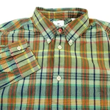 $175 Paul Smith Green & Orange Plaid Canvas Button Down Shirt Mens Size Small