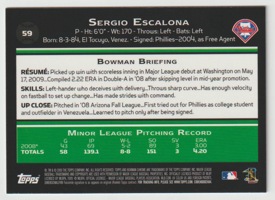 2009 Bowman Chrome #59 Sergio Escalona RC - Philadelphia Phillies - Image 2 of 2