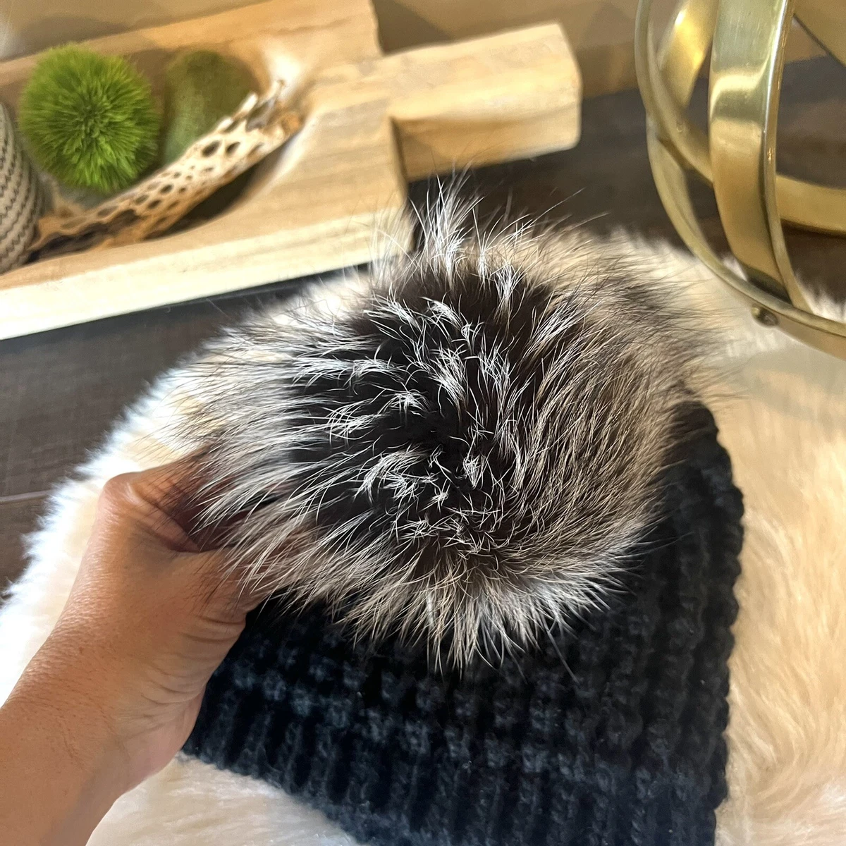 Kyi Kyi Knitted Faux Fur Pom Pom Hat In Black