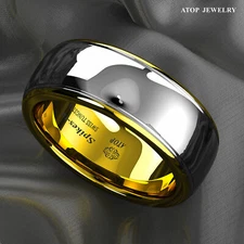 ATOP 8/6mm Silver Dome 18K Gold Tungsten Carbide Ring Band for Men Wedding Ring 