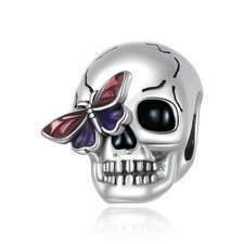Skull Head Charm Bead Skeleton With Butterfly Genuine 925 Sterling Silver   