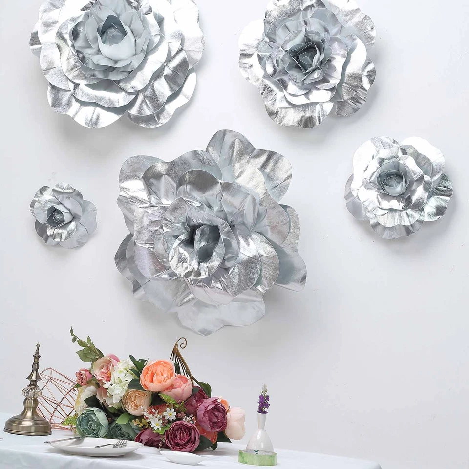 2 piezas 20" plata artificial grandes rosas flores telón de fondo de pared fiesta gris claro Foto 3 de 4