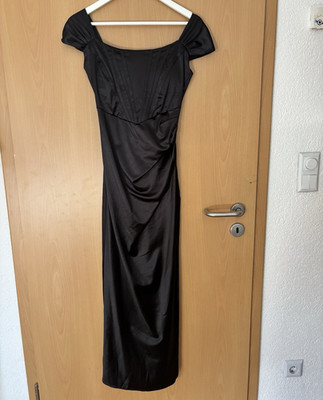 Damen Abendkleid XS schwarz lang & dunkelblau Blumen schulterfrei ärmellos