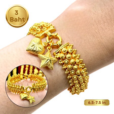 24K Gold Plated Bracelet Heart Star Charm 3 Baht Weight Thai Jewelry 6.5-7.5 in