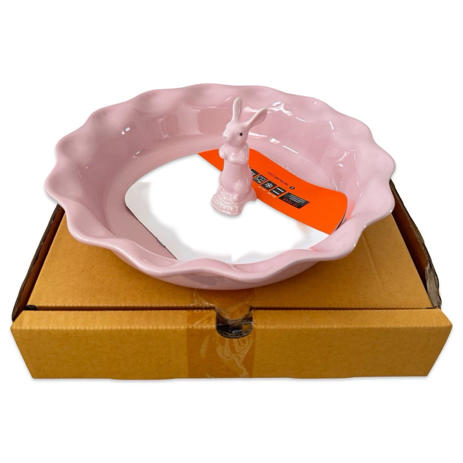 Le Creuset Heritage 23cm Ruffled Edge Pie Dish & Pie Bunny Chiffon Pink (New)