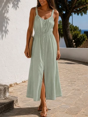 Zara Light Sage Green Linen Style Sleeveless Maxi Dress - Image 1 of 4