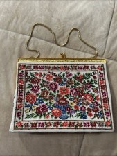 Vintage Floral Petit Point Tapestry Evening Bag with Gold Frame