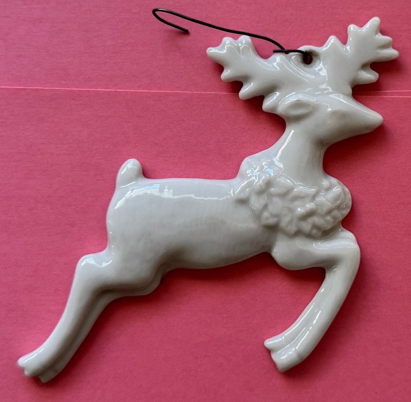 Vintage 1980s Fitz and Floyd White Porcelain Flat Reindeer Ornament, exc. used