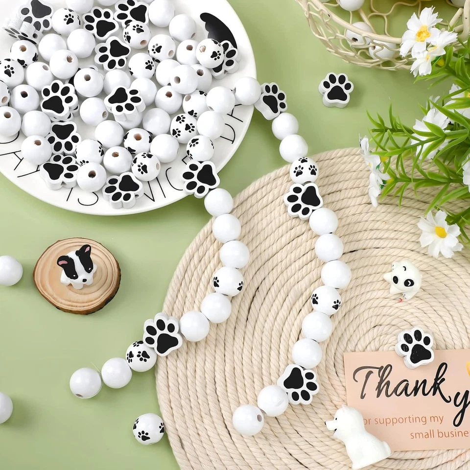 120 Pieces Cow Wooden Beads Dog Paw Footprint Bead Puppy Wood Cute Spacer Beads - Image 2 of 4