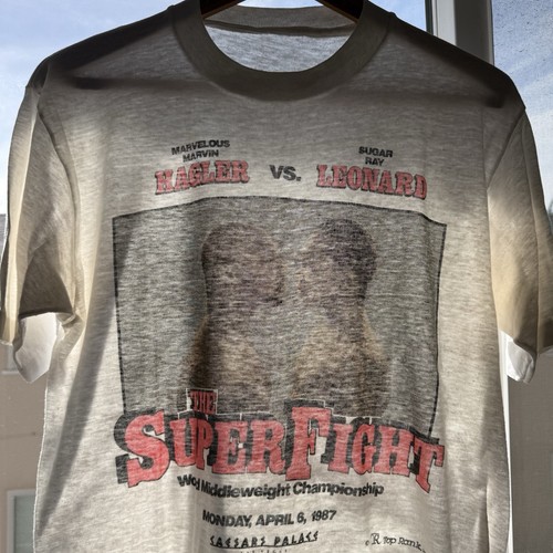 Vintage Paper Thin Boxing Tee Sugar Ray Leonard Hagler Fight T-Shirt 1987 80s M