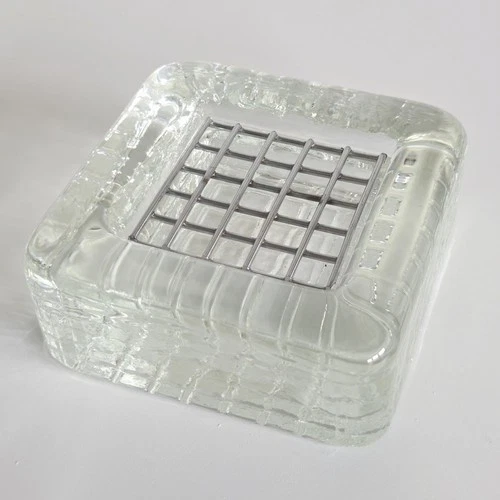 Blenko Clear Glass Ashtray Thick Waffle Square MCM Steel Insert Hand Crafted 6"