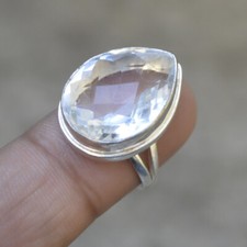 Pear Rose Cut White Topaz Gemstone 925 Sterling Silver Ring Size 9