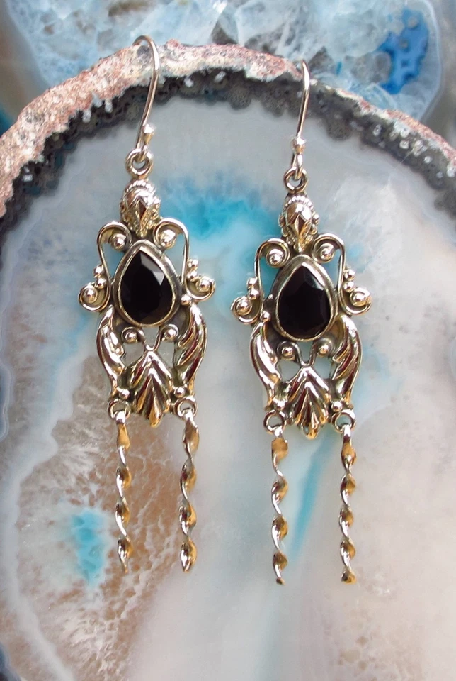 Rx Orecchini IN Stile Liberty Onice Nero Pietra Del Capricorno Argento Sterling - Immagine 3 di 4