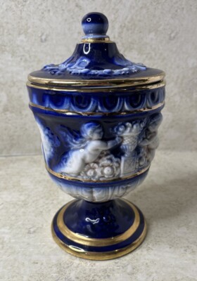 VINTAGE NORLEANS ITALY COBALT BLUE & WHITE CHERUB URN CONTAINER CANISTER