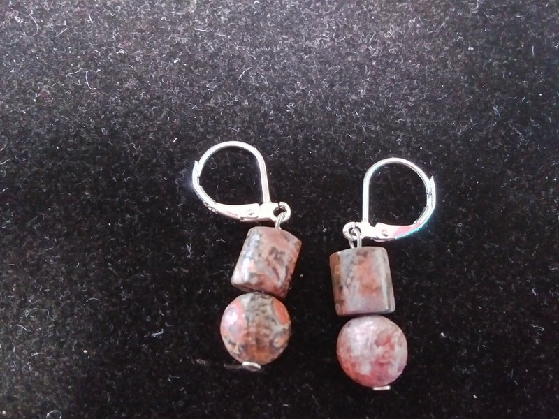 Pink Zebra Jaspar 8mm Cylinder & Bead 3/4" 925 Lever Back Dangle Earrings