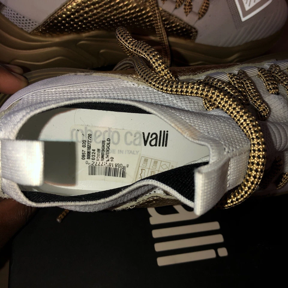 Roberto Cavali Logo-Print White & Gold Sneakers - Image 3 of 4