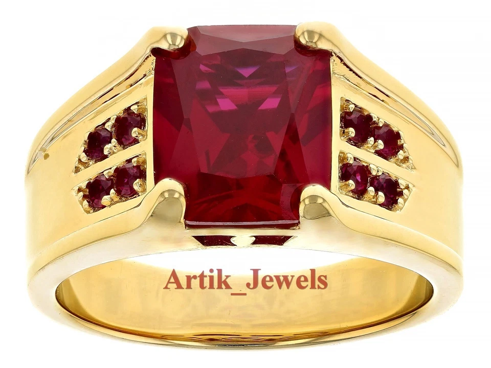 Lab-Geschaffener Rubin Edelstein Mit 14K Vergoldetem Silberring Für Herren #856 - Bild 4 von 4