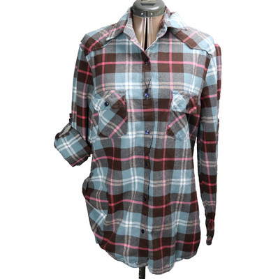 Matchstick Argus 100% Cotton Plaid Flannel Western Shirt Roll Tab Sleeve & Hem L