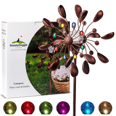 75'' Solar Wind Spinner with LED Glass Ball - Metal Kinetic Garden Decoration