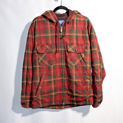 Pendleton Mens M Red Plaid Wool Full Zip Jacket Coat Lined Hooded Flap Pockets