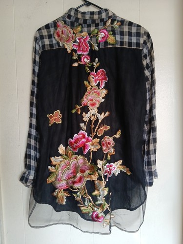Aratta Silent Journey Plaid Floral Embroidered Back Button Up Shirt Size Large